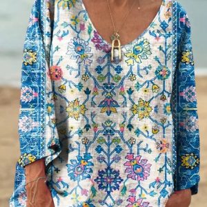 Cotton V Neck Casual T-Shirt, Long sleeves, Lilicloth.com