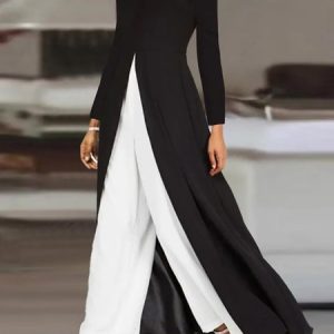 Women's Jersey Plain Daily Going Out Two Piece Set Long Sleeve Casual Spring/Fall Top With Pants Matching Set, JustFashionNow Suit Set, color:Black-white|size:XXL,