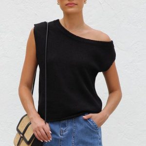 Women's knitwear Y2K summer knit sweater curved beaded ice silk fabric knitted pullover oblique shoulder round neck top, JustFashionNow T-Shirts, color:Black|size:XL,