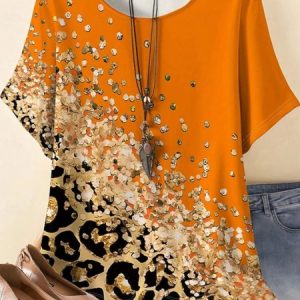 Vintage Leopard Art Print Crew Neck Three Quarter Sleeve Cotton T-shirt, T-shirts, color:Orange|size:4XL, catalog Noracora shop