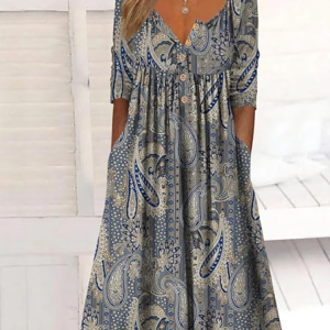 Women Paisley Half Sleeve Summer Printing Dress Half Open Collar Daily Casual Maxi A-Line Dress, JustFashionNow Casual Dresses, color:Blue|size:5XL,