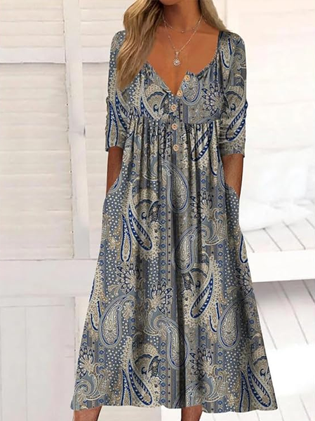 Women Paisley Half Sleeve Summer Printing Dress Half Open Collar Daily Casual Maxi A-Line Dress, JustFashionNow Casual Dresses, color:Blue|size:5XL,