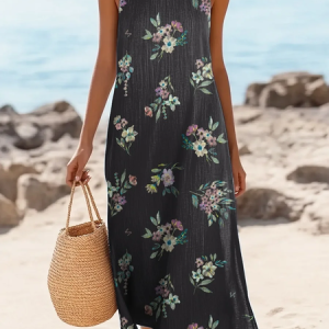 Women Floral Sleeveless Summer Printing Dress Crew Neck Daily Casual Maxi Tank H-Line Dress, JustFashionNow Casual Dresses, color:Black|size:4XL,