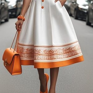 Urban Buttoned Printing Color Block Midi Skirt, Skirts, color:Orange|size:XXL, Stylewe
