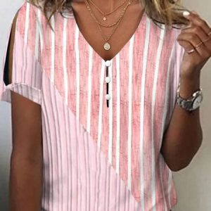 Casual Striped V Neck Short Sleeve T-shirt, T-shirts, color:Pink|size:4XL, catalog Noracora shop
