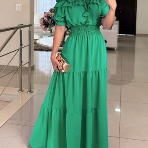 Off Shoulder Short Sleeve Frill Hem Lace Up Dress Casual Strechy Waist Flared Maxi Dress, women Maxi Dresses, ChicMe catalog