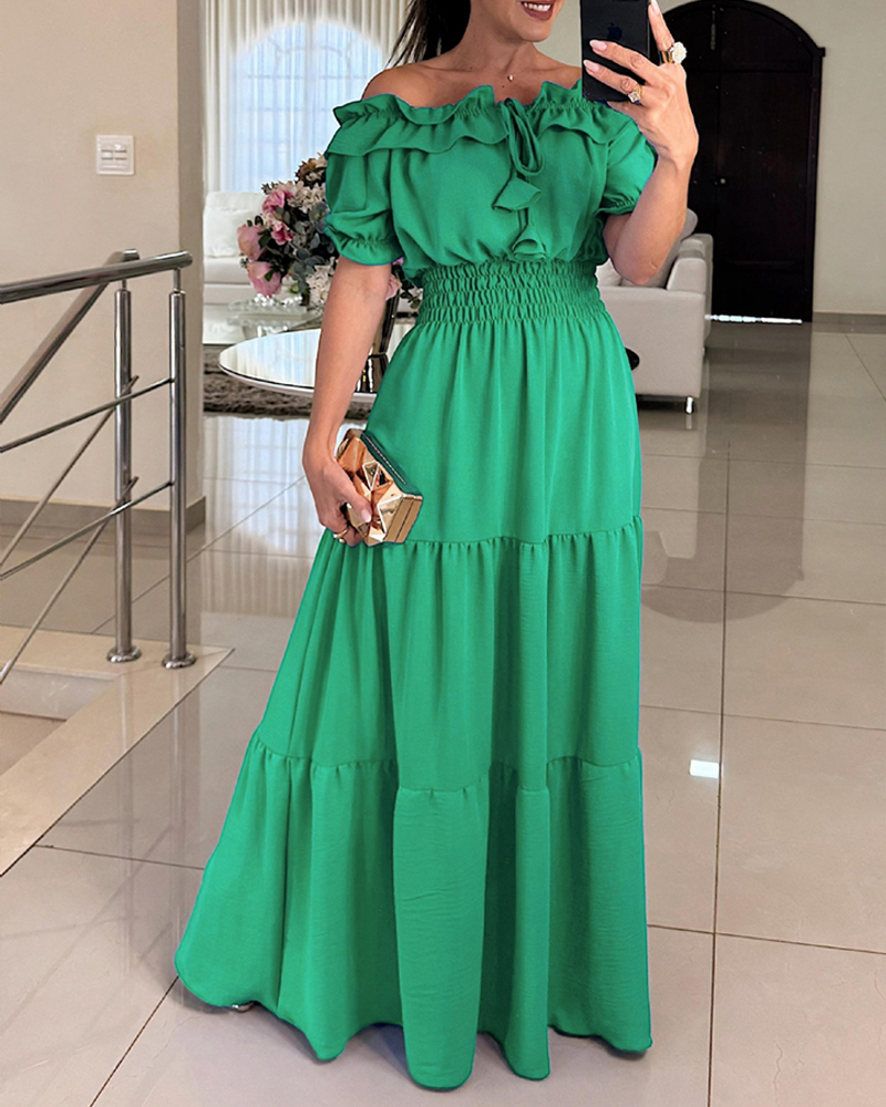 Off Shoulder Short Sleeve Frill Hem Lace Up Dress Casual Strechy Waist Flared Maxi Dress, women Maxi Dresses, ChicMe catalog