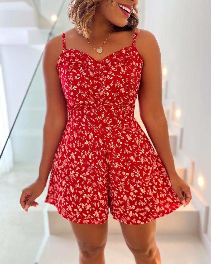 Ditsy Floral V-Neck Sleeveless Ruched Cami Jumpsuit Casual Ajustable Back Straps Shirred Romper, women Rompers, ChicMe catalog