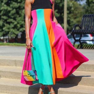 Casual Colorblock Printing Crew Neck Midi Dress, Midi Dresses, color:As Picture|size:XXL, Stylewe