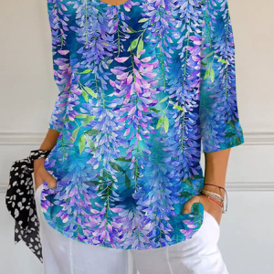 Women Floral Three Quarter Sleeve Tee T-shirt V Neck Printing Casual Spring/Fall Graphic Tee Top, JustFashionNow T-Shirts, color:Blue Purple|size:5XL,