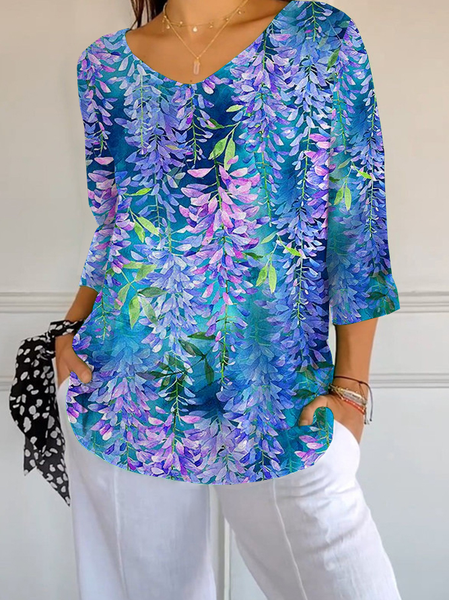 Women Floral Three Quarter Sleeve Tee T-shirt V Neck Printing Casual Spring/Fall Graphic Tee Top, JustFashionNow T-Shirts, color:Blue Purple|size:5XL,
