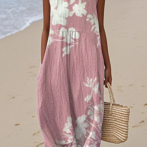 Women Floral Summer Dress Crew Neck Sleeveless A-Line Dress, Dresses, color:Pink|size:4XL, catalog Noracora shop