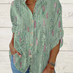 Women Abstract Long Sleeve Shirt Spring/Fall Printing Stand Collar Daily Casual Top, JustFashionNow Shirts, color:Green|size:5XL,