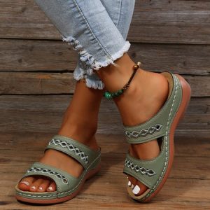 New large size slippers, retro stitching, non-slip round toe wedge heel, comfortable flat sandals for women, Slippers, color:Green|size:43, catalog Noracora shop