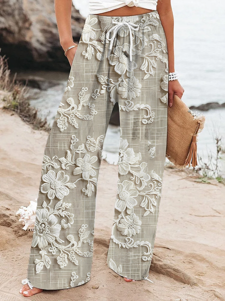 Women Floral Long Pant Casual Spring/Fall Trousers, JustFashionNow Pants, color:Light Khaki|size:4XL,