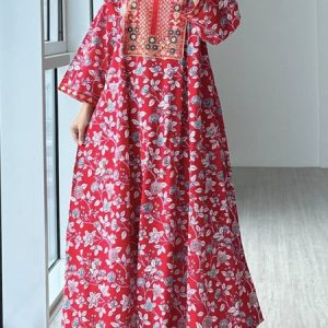 Women Floral Crew Neck Long Sleeve Comfy Casual Maxi Dress, Maxi, color:Red|size:4XL, catalog Noracora shop