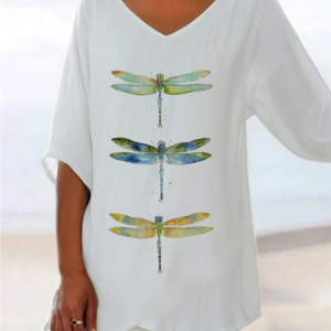 Women Dragonfly Short Sleeve Shirt Summer Printing V Neck Daily Casual Top, JustFashionNow Blouses, color:White|size:3XL,
