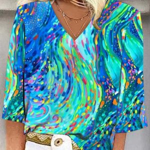 Shawl Collar Half Sleeve Abstract Graphic Regular Loose Blouse For Women, Blouses, color:As Picture|size:3XL, catalog Noracora shop