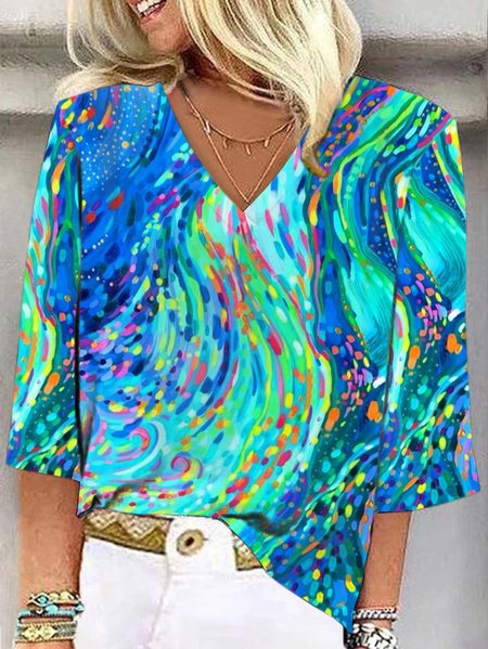 Women Abstract Graphic Half Sleeve Blouse Summer Shawl Collar Daily Casual Top, JustFashionNow Shirts, color:As Picture|size:3XL,