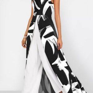Women Geometric Crew Neck Sleeveless Casual Summer Jumpsuit, JustFashionNow Jumpsuits＆Rompers, color:White|size:3XL,