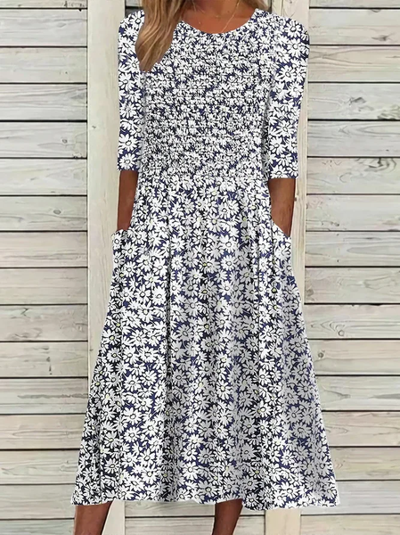 Women Floral Short Sleeve Summer Printing Dress Crew Neck Daily Casual Maxi Shift Dress H-Line Dress, JustFashionNow Casual Dresses, color:As Picture|size:4XL