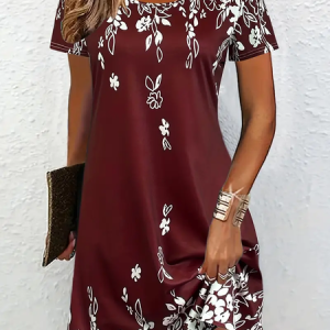 Women Floral Short Sleeve Summer Printing Dress Crew Neck Daily Casual Mini Tunic H-Line Dress, JustFashionNow Casual Dresses, color:Wine Red|size:XXL