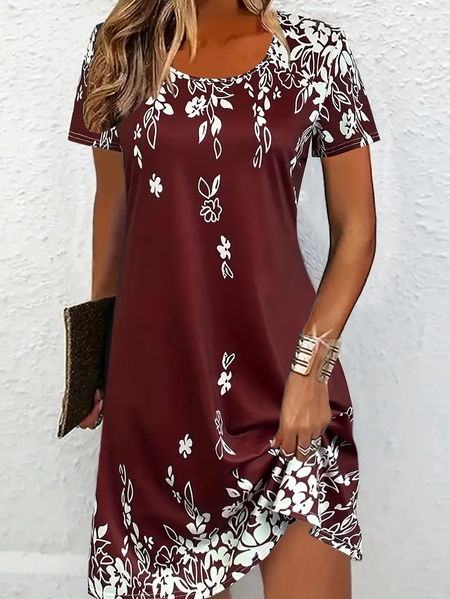 Women Floral Short Sleeve Summer Printing Dress Crew Neck Daily Casual Mini Tunic H-Line Dress, JustFashionNow Casual Dresses, color:Wine Red|size:XXL