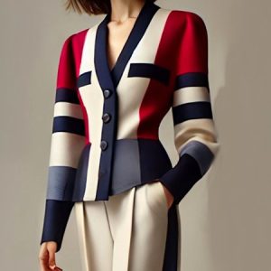 Plus Size Urban Color Block V Neck Jacket, Plus Outerwear, color:As Picture|size:4X, Stylewe