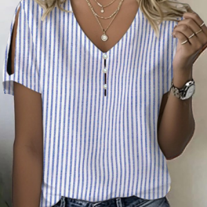 Women Striped Short Sleeve Tee T-shirt V Neck Printing Casual Summer Graphic Tee Top, JustFashionNow T-Shirts, color:Blue|size:5XL,