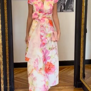 Elegant Floral Printing Shirt Collar Maxi Dress With Belt, Maxi Dresses, color:Pink|size:XXL, Stylewe