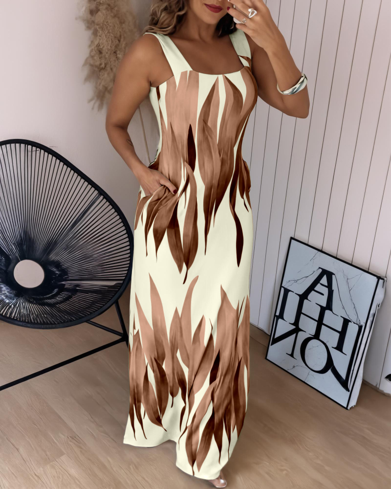 Plants Print Square Neck Thick Strap Maxi Dress Casual Slim Fit Side Slit Vacation Dress with Pockets, women Maxi Dresses, ChicMe catalog - Image 4