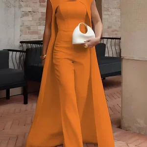 Elegant Tailored Jumpsuit & Cape Set – Wedding & Formal Occasion Outfit, Two-piece Set, color:Orange|size:XXL, Stylewe