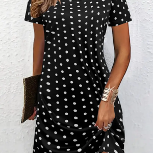 Women Polka Dots Short Sleeve Summer Printing Dress Crew Neck Daily Casual Mini Tunic H-Line Dress, JustFashionNow Casual Dresses, color:Black|size:XXL,