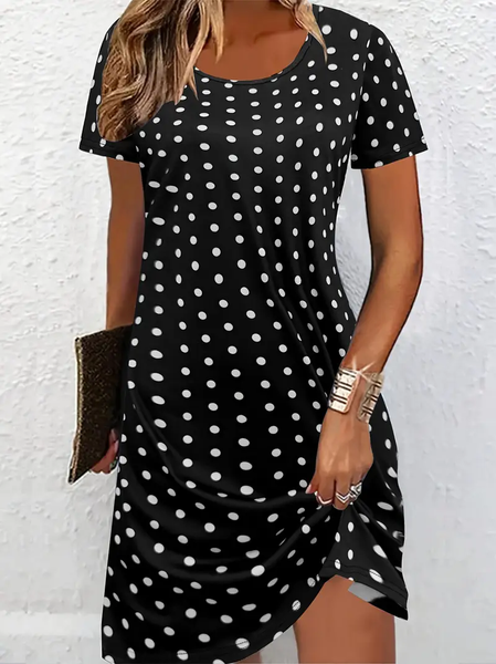 Women Polka Dots Short Sleeve Summer Printing Dress Crew Neck Daily Casual Mini Tunic H-Line Dress, JustFashionNow Casual Dresses, color:Black|size:XXL,