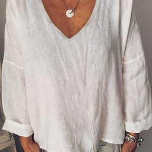 Women Plain Long Sleeve Blouse Spring/Fall V Neck Daily Casual Top, JustFashionNow Shirts, color:White|size:5XL,