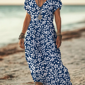 Women Floral Short Sleeve Summer Printing Dress V Neck Daily Casual Maxi X-Line Dress, JustFashionNow Casual Dresses, color:Purplish Blue|size:3XL,