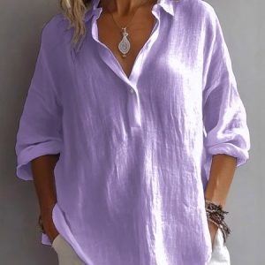 V Neck Three Quarter Sleeve Plain Pullover Lightweight Loose Blouse For Women, Blouses, color:Purple|size:XXL, catalog Noracora shop