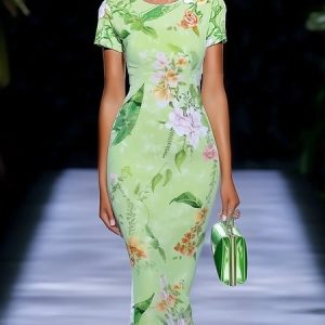 Elegant Floral Printing Crew Neck Knee Length Dress, Midi Dresses, color:Green|size:XXL, Stylewe
