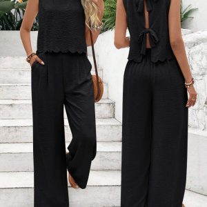 2 Pieces Outfit Back Lace Up Shell Trim Sleeveless Tank and Casual Pocket Design Pants Set, women Two-piece Sets, ChicMe catalog