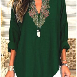 V Neck Long Sleeve Geometric Regular Micro-Elasticity Regular Fit Shirt For Women, Shirts, color:Green|size:4XL, catalog Noracora shop