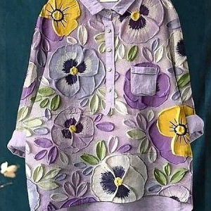Women Floral Long Sleeve Shirt Spring/Fall Printing Shirt Collar Daily Casual Top, JustFashionNow Shirts, color:Purple|size:5XL,