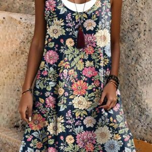 Women Vintage Floral Print Crew Neck Sleeveless Comfy Casual Midi Dress, Dresses, color:Black|size:3XL, catalog Noracora shop