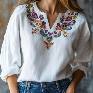 V Neck Long Sleeve Floral Regular Micro-Elasticity Regular Fit Shirt For Women, Shirts, color:White|size:4XL, catalog Noracora shop