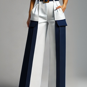 Urban Color Block Straight Pants With Belt, Pants, color:As Picture|size:XXL, Stylewe
