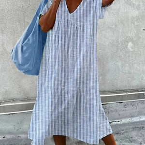 Women Vacation Striped Print V Neck Comfy Casual Maxi Dress, Dresses, color:stripe-blue|size:4XL, catalog Noracora shop