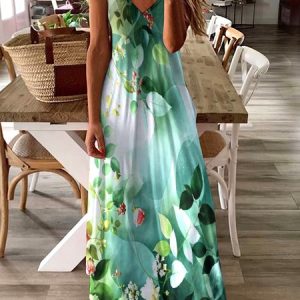 Women Geometric Spaghetti Sleeveless Comfy Casual Maxi Dress, Maxi, color:Green|size:4XL, catalog Noracora shop