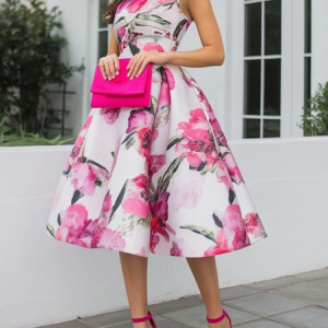 Elegant Floral Printing Stand Collar Midi Dress, Midi Dresses, color:Pink|size:XXL, Stylewe