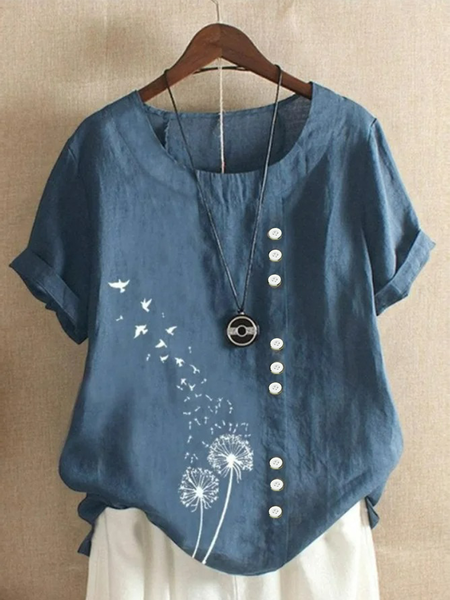 Women Dandelion Half Sleeve Blouse Summer Crew Neck Daily Casual Top, JustFashionNow Shirts, color:Blue|size:4XL,