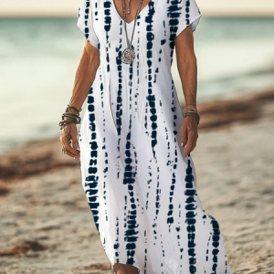 Women Striped Short Sleeve Summer Printing Dress V Neck Daily Casual Maxi X-Line Dress, JustFashionNow Casual Dresses, color:White|size:3XL,