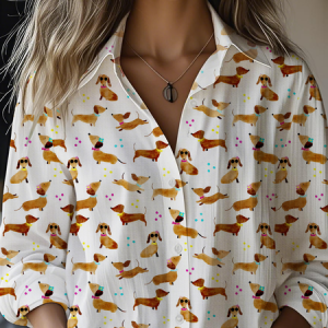 Women's Cute Dog Watercolor Print Casual Shirt, Blouses, Lilicloth.com